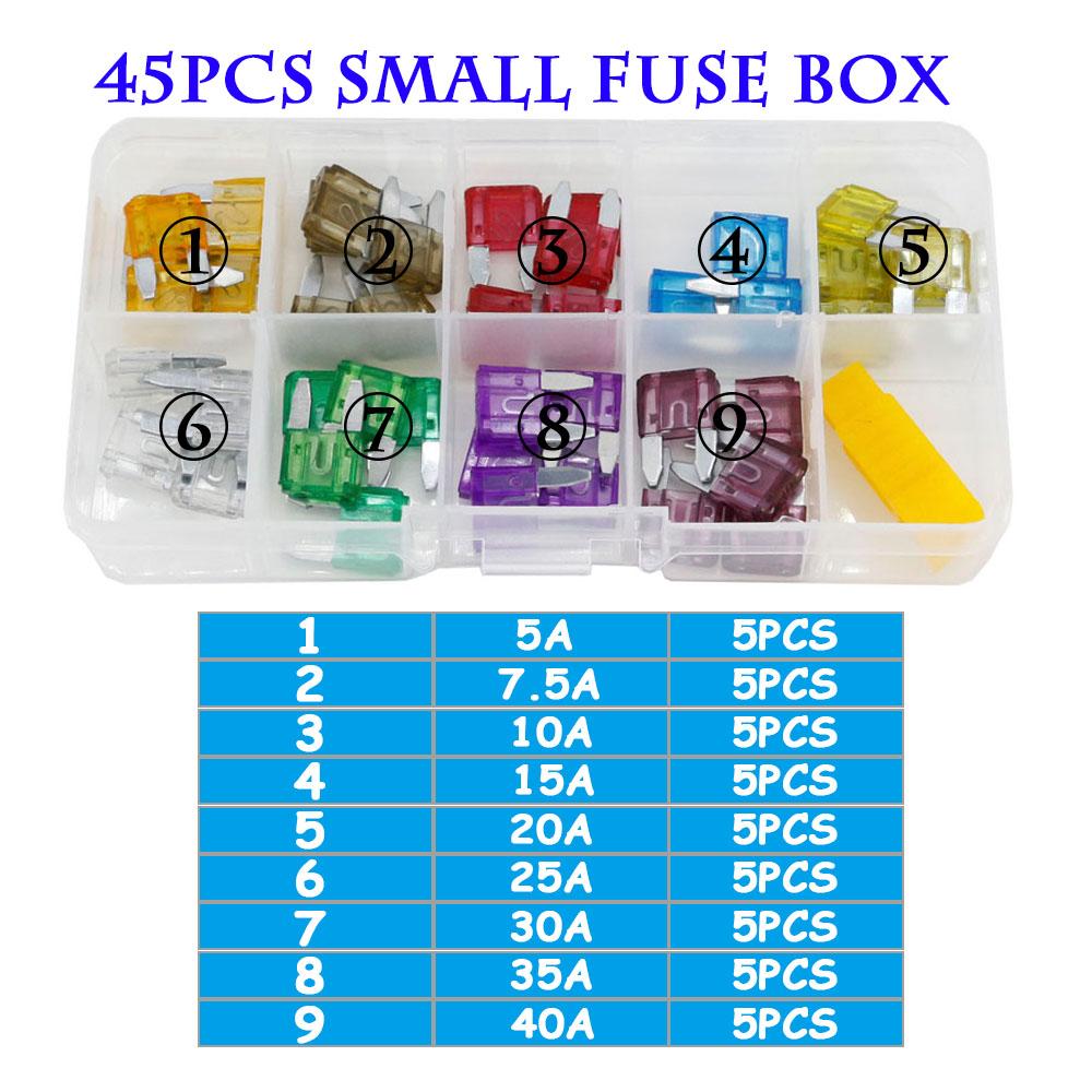 Combination car fuse 45/90PCS mini/small/medium size 5~40A 32V Assortment Automotive Blade Type Fuse with box and clip Fuse Holders1