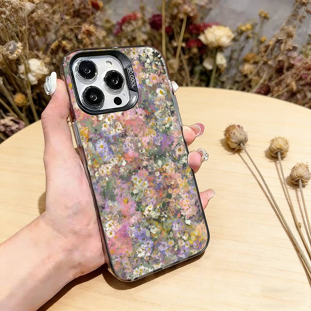 Чехол для телефона серия «Цветы маслом» для iPhone 17, 16, 15, 14, 13, 12, 11 Plus, Pro Max, XS, Цветная серебристая внутренняя крышка