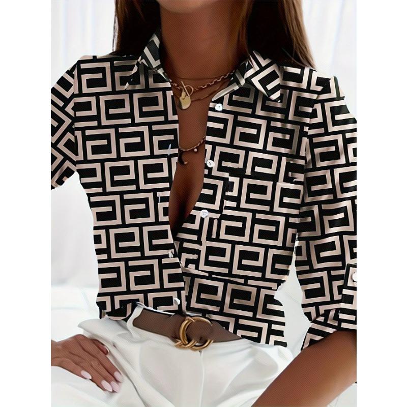 Women's Full-Body Print Long-Sleeve Elegant Minimalist Shirt