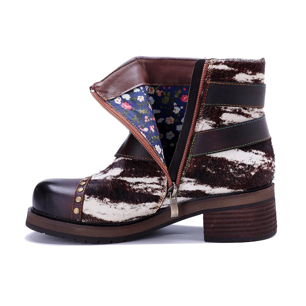 Johnature Genuine Leather Horsehair Patchwork Short Boots Retro Rivet Thick Heel Women's Boots