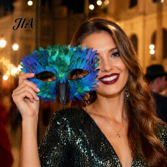 Decorative Feather Masque for Dancing Bird Masquerade Masque, Iridescent Half Face Unique Comic Exhibition with 3D Beak Halloween Costume, Cosplay