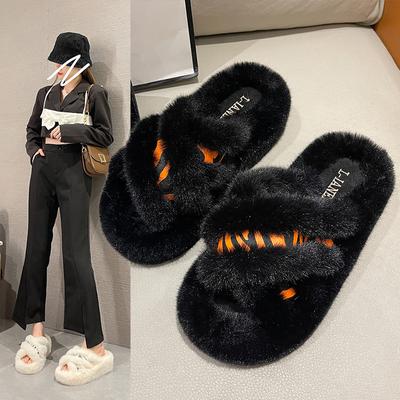 Меховые тапочки с толстым дном, женские, с перекрестными ремешками, модные, для дома, с круглым носком, шлепанцы, тапочки, женская обувь на платформе