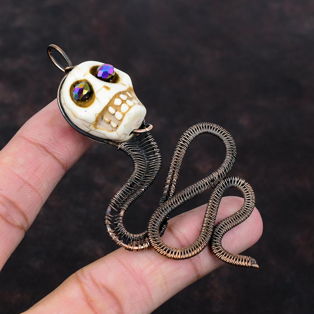 Подвеска из говлита, медная проволока, обернутая подвеска, череп, кость, кулон для лица, титановая бусина, глаза, ювелирные изделия, кулон с драгоценным камнем, ювелирные изделия из медной проволоки ручной работы