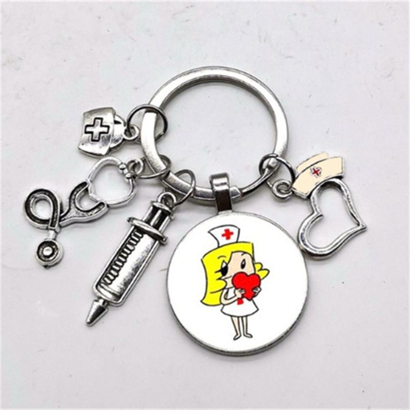 1Pc Nurse Medical Syringe Keychain Glass Key Ring Pendant Stethoscope Pattern Keychain Gift