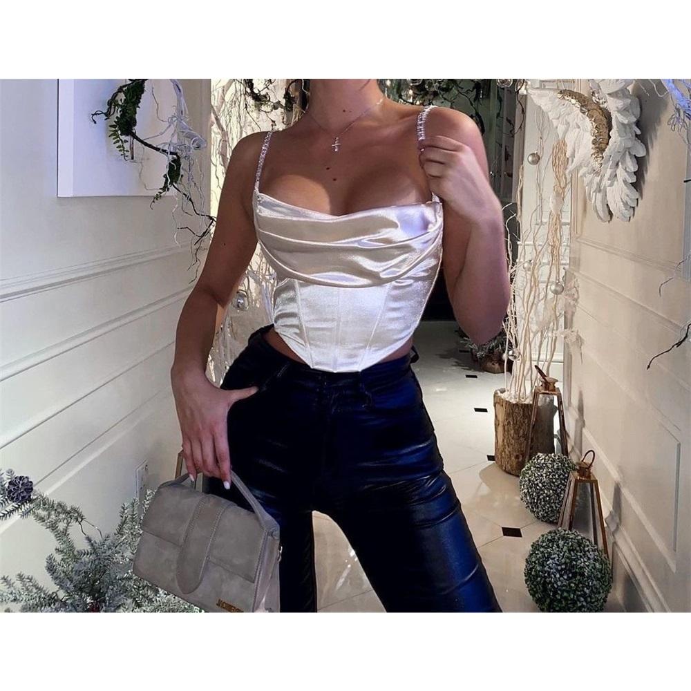 Sexy Women's Suspender Vest Rhinestone - Strapped Satin Crop Camisole: Chic & Sparkly, Multiple Colors Available