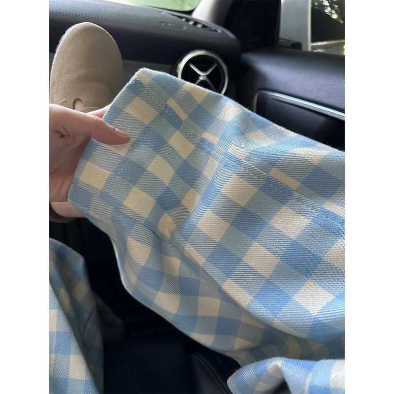 Blue Plaid Pants for Women, New Summer Style for Plus-Size Girls, Pear-Shaped Body, High-Waisted, Drapey, Slimming Wide-Leg Casual Pants