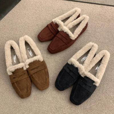 Модные Зимние Теплые Пушистые Брендовые Балетки Женские Высокого Качества Искусственная Замша Швы Квадратный Носок Дизайн Лоферы Комфортные Нескользящие Zapatos De Mujer