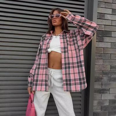 2024 Розовая клетчатая женская рубашка свободного кроя в клетку для осени/зимы