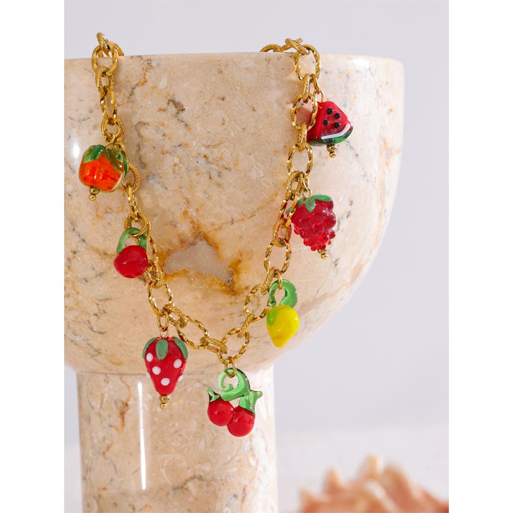 Yhpup Sweet Spring Summer Colored Glaze Fruit Charm Pendant Necklace Gold Color Stainless Steel Trendy Jewelry for Girls Ladies