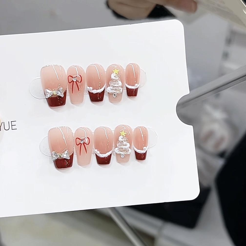 Чистая ручная работа Фототерапия Носимая броня Рождественский бант Готовый продукт Многоразовые накладные ногти