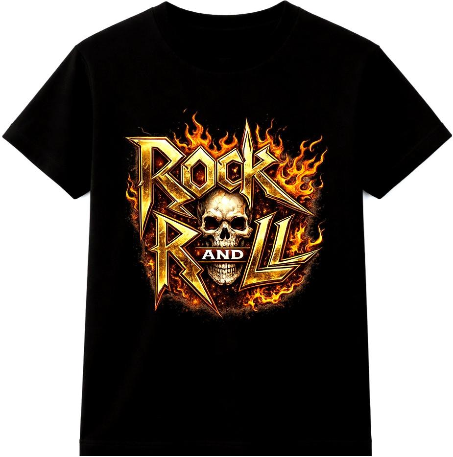 Rock And Roll Flaming Skull Gold Metal Font Heavy Rocker Biker Graphic T-Shirt.