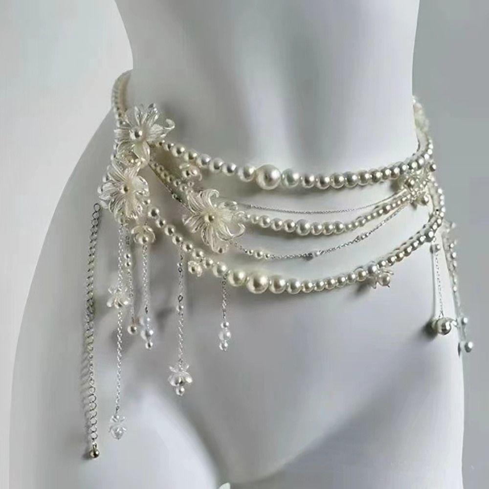 Elegant Multilayer Pearl Waist Chain Butterfly Belly Chain Retro Y2k Waistband Dress Accessories