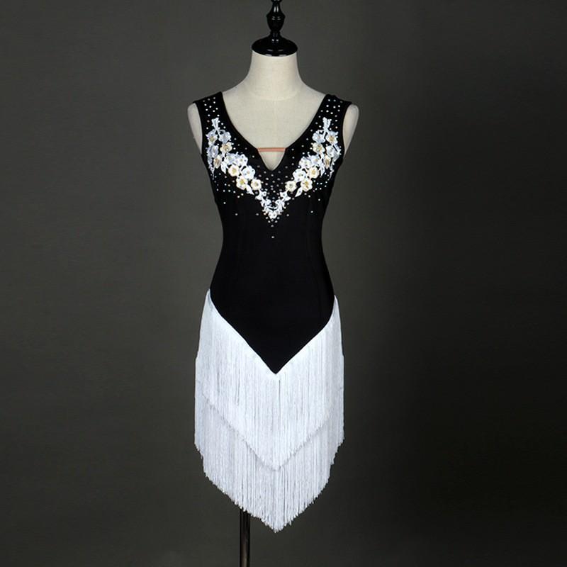 LIUHUO Fringed Latin Dance Dress Rhinestone V-Neck Performance Skirt Ballroom