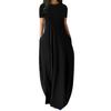 Women O-neck Short Sleeve Maxi Dress Loose Hem Side Pockets High Waist Solid Color Long Dress Streetwear