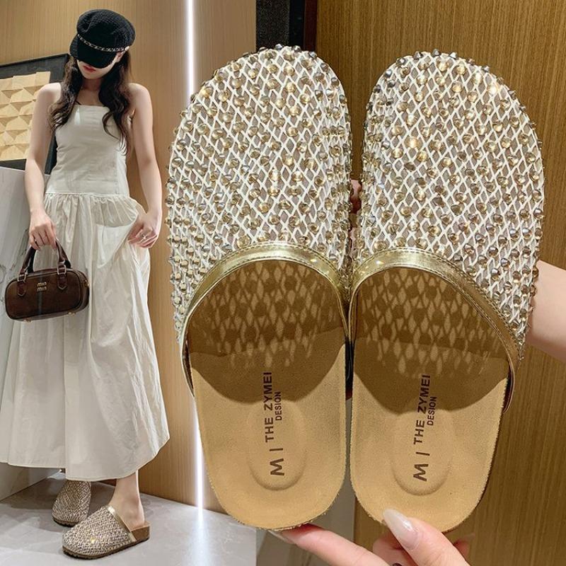 Fashion Sandals for Women's 2025 Summer New Luxury Brand Slippers Lightweight Round Head Shoes Water Diamond Flat Slides Women Sandals