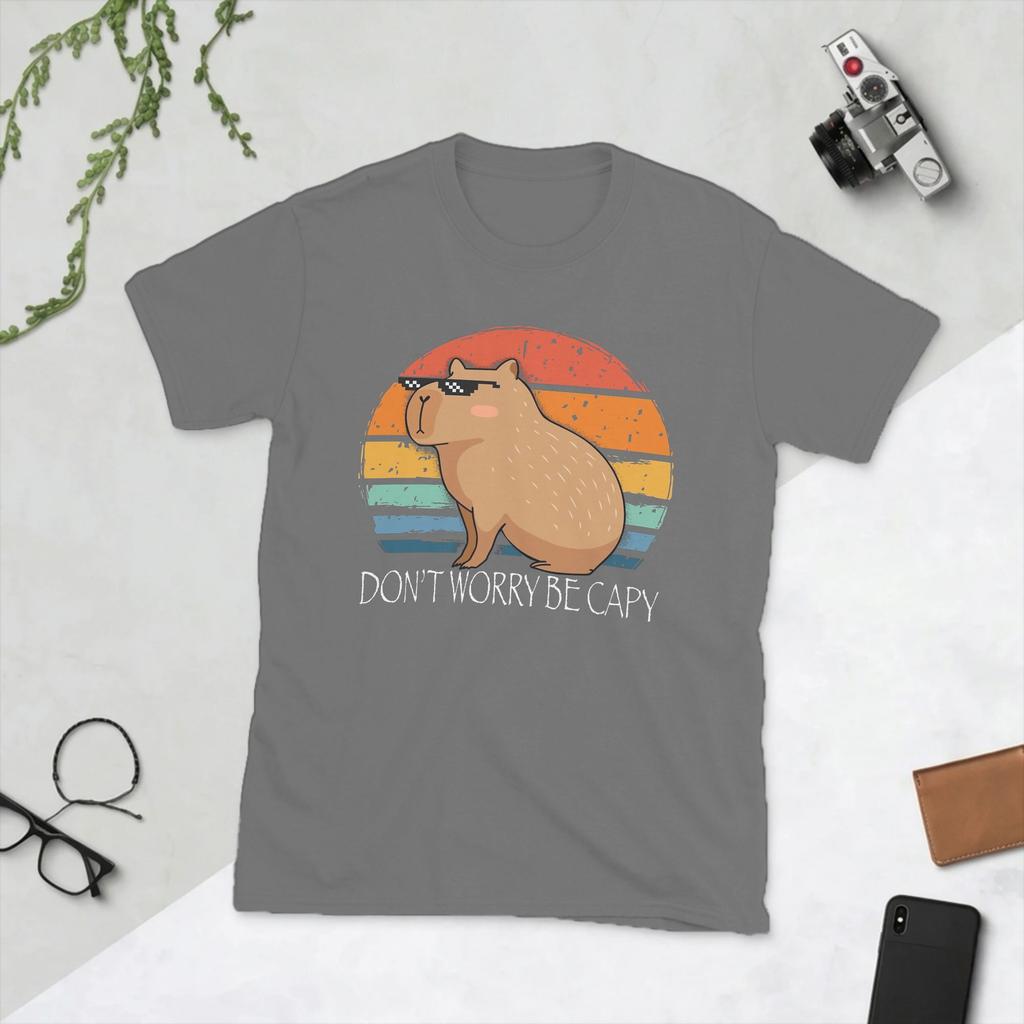 Casual Capybara Dont Worry Be Capy Tshirts For Unisex Crew Neck Pure Cotton T Shirt Short Sleeve Tees Gift Idea Clothing