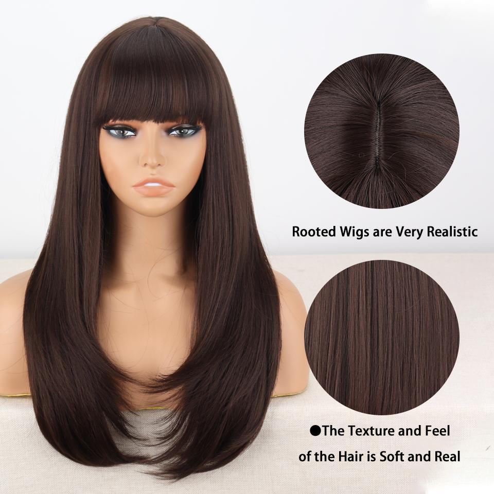 LISI HAIR Женский натуральный прямой коричневый парик с челкой из синтетического волокна, натуральный волнистый многослойный парик, повседневная одежда для косплея
