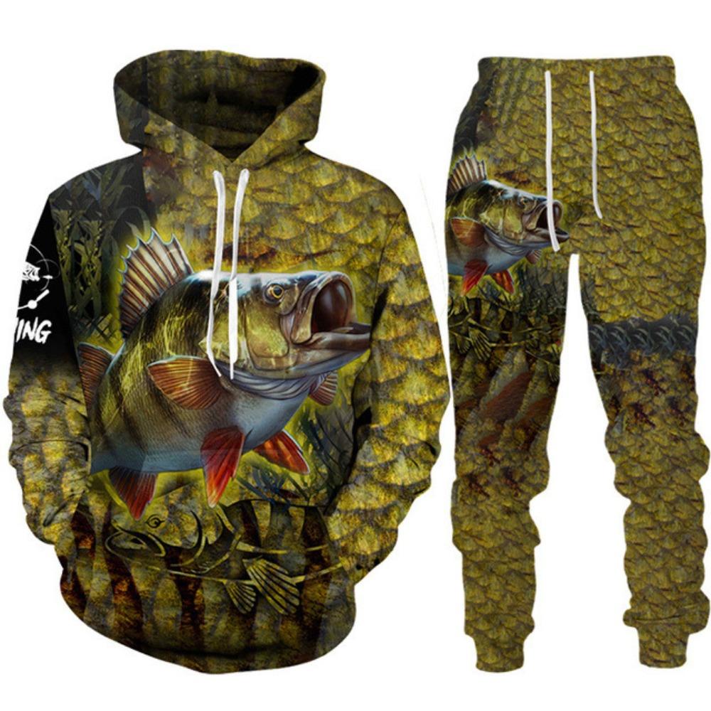 Mens Animal Bass Carp Fishing 3D Print Fashion Fisher Tracksuit Unisex Hoodie Jogging Pants 2Pcs Set Outdoor Clothing Size S-6XL