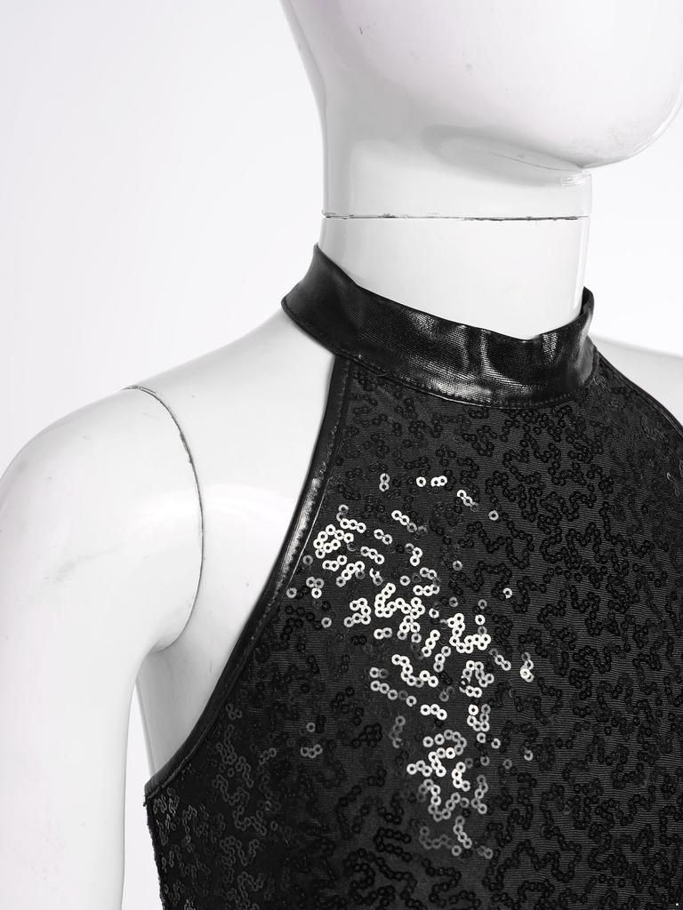 Kids Girls Sleeveless Backless Shiny Sequin Halter Crop Top for Dance Gymnastic Costume