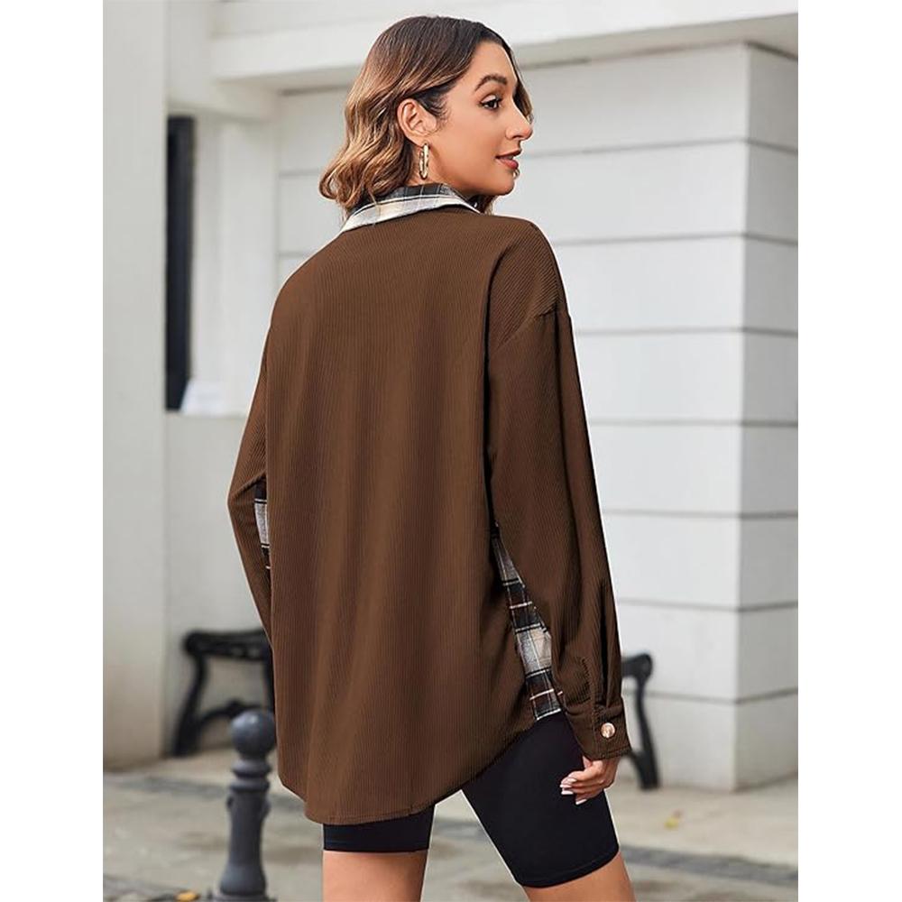 Женская вельветовая фланелевая куртка-жакет, повседневные клетчатые рубашки на пуговицах, осенние топы с длинным рукавом и карманами