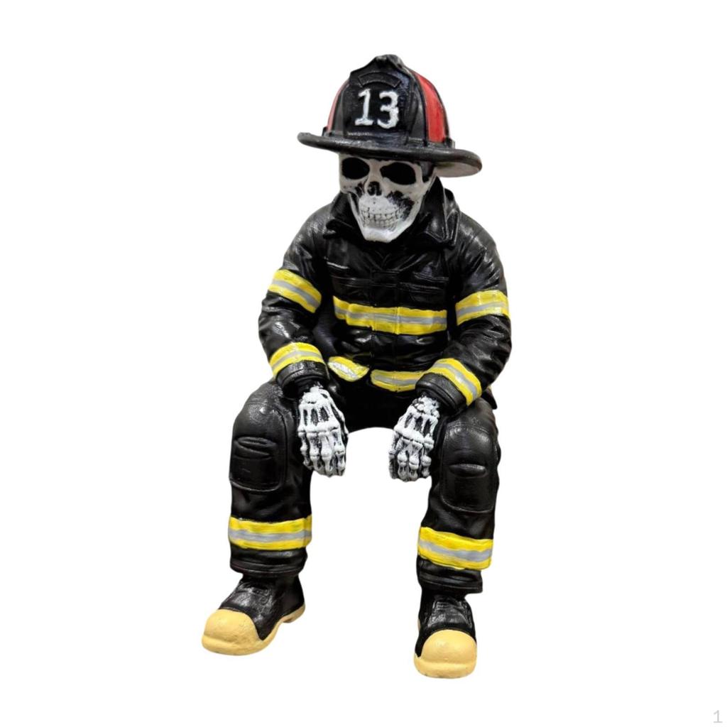 Firefighter Skeleton Statue Ornament Resin Sitter Figurine for Home Decoration