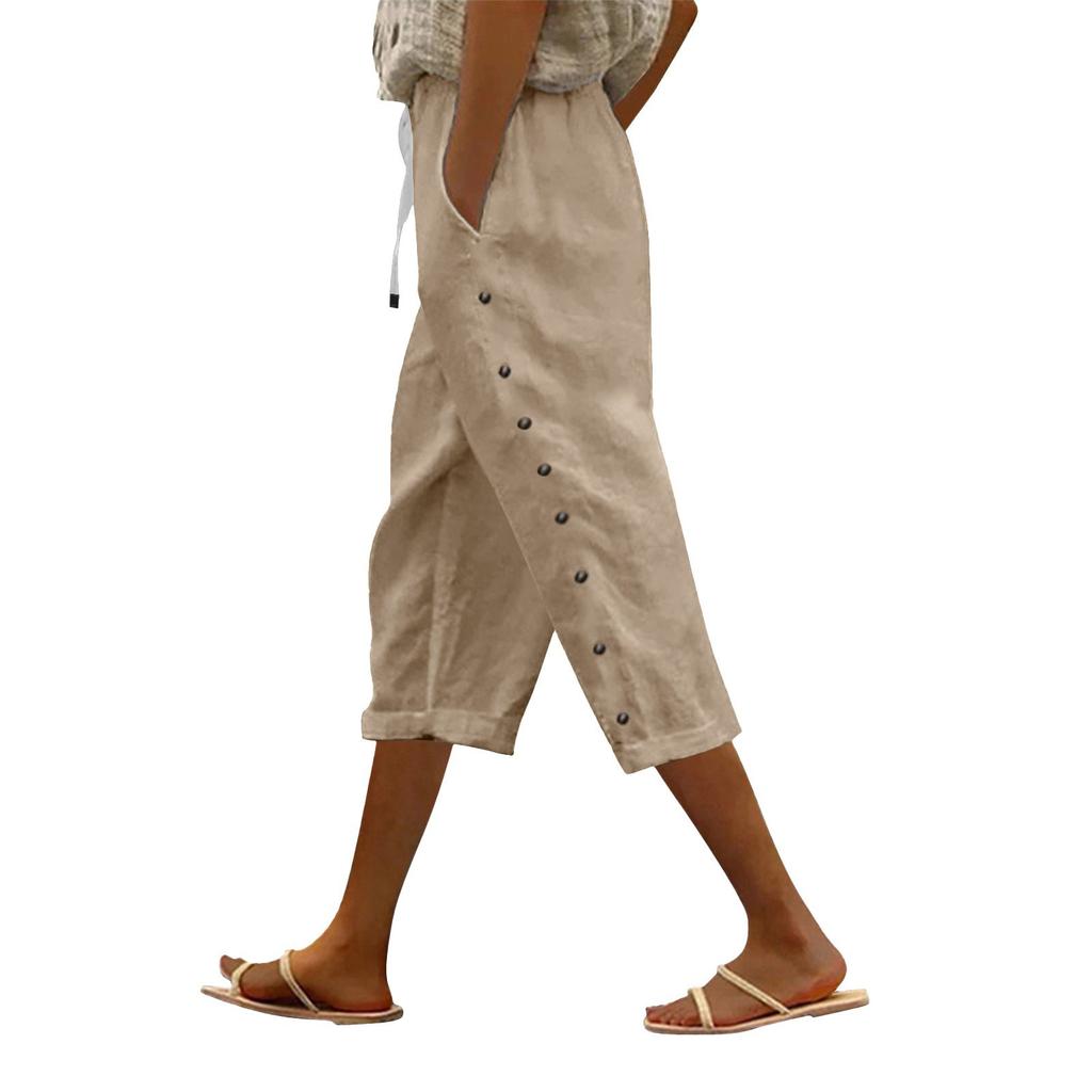 Women Casual  Side Button Up Trendy Pants Baggy Elastic Waist Straight Leg Comfort Trousers With Pocket