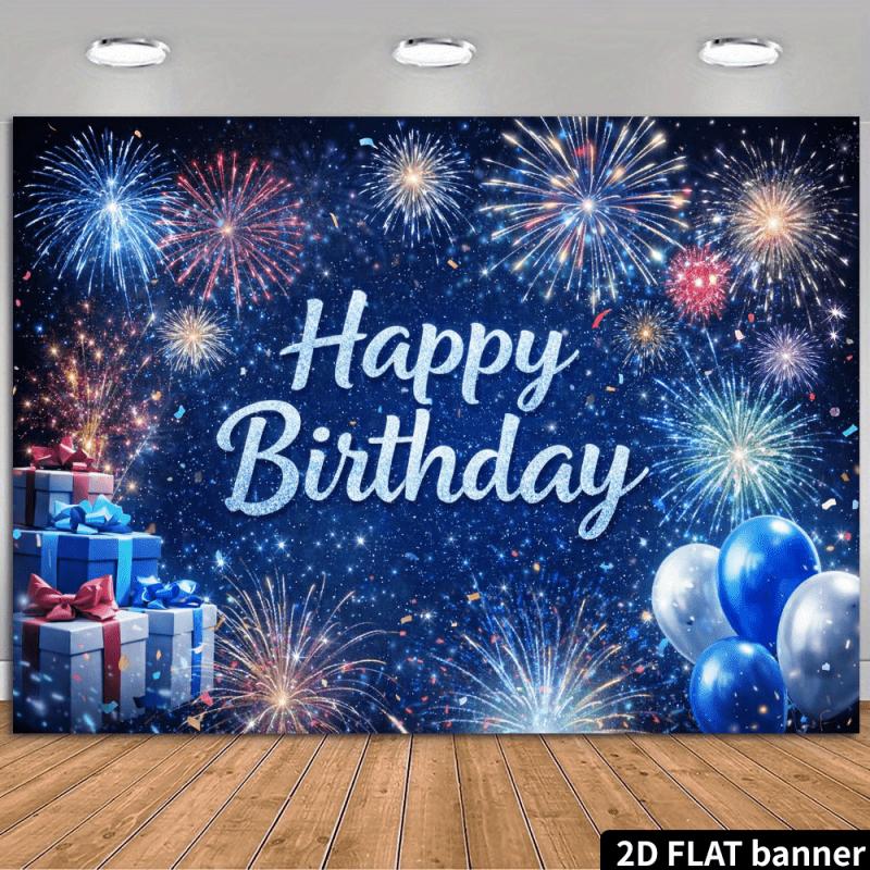 2D plane, birthday background cloth in fireworks blue color, blue and silver balloons, gift box, starlight, dark blue background