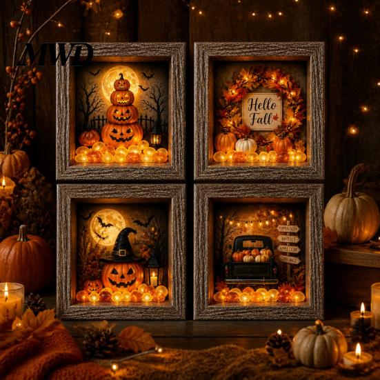 Wood Glass Picture Frame Halloween Shadow Box DIY Lighted Craft Kit, Wooden Night Light with Gothic Style Lamp Sea Stones, LED Memory Display Case for
