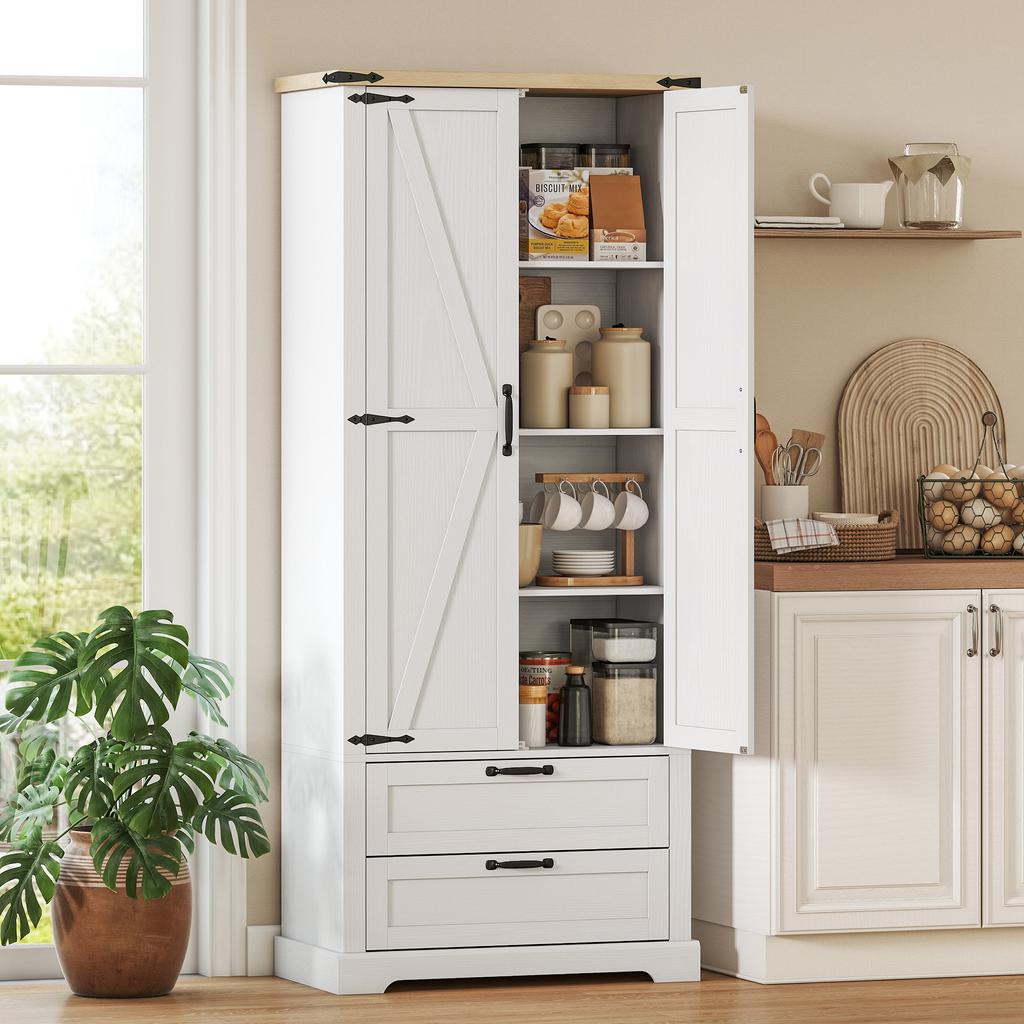 Buffet High Cuisine Kitchen Cabinet With 2 Doors 2 Drawers Adjustable Shelves Rustic Style 76x40x180cm White