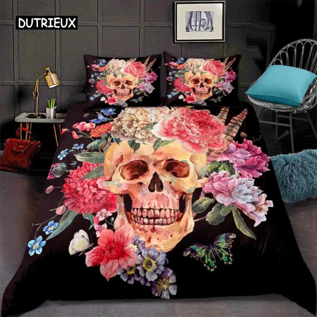 Duvet Cover Set,3D Printed Gothic Skull Bedding Set,Soft Comforter Cover with Zipper Closure and 2 Pillow Shams Sugar Skull