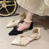 Fashion Elegant Fairy Style Chunky Heel Single Shoes Women's Pearl Buckle Pointed Toe Lace Fashionable Low Heels Sandalias De Mujer