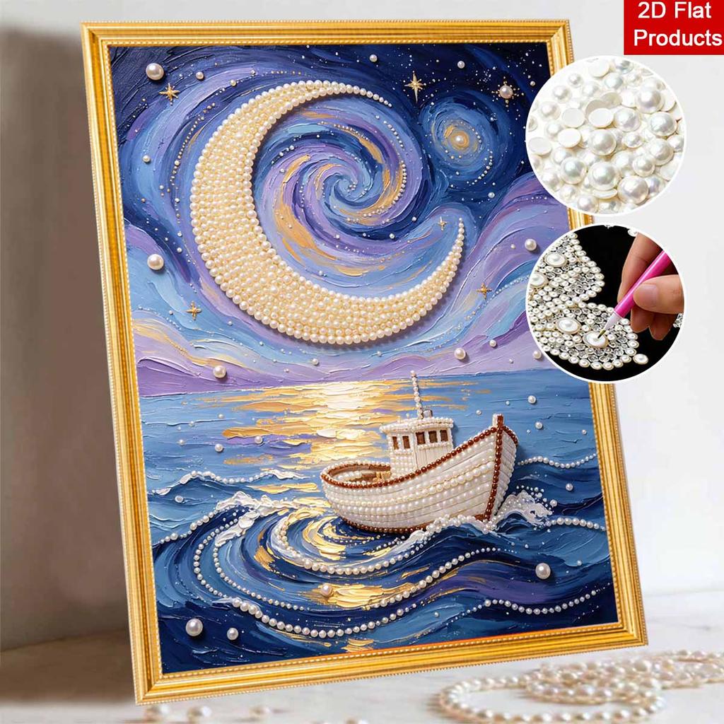 5D DIY Pearl Art Kit Starry Night Moon Boat Themed Decor. Home Wall Decoration
