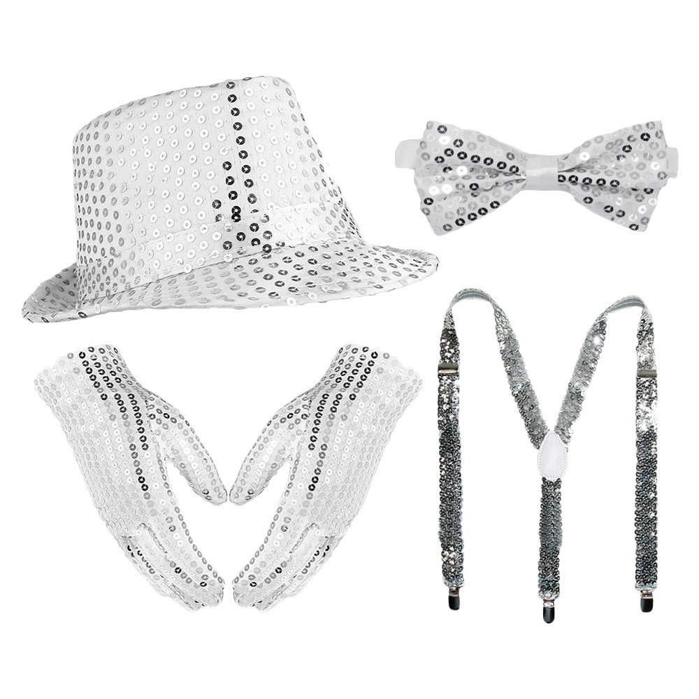 Блестящий набор с пайетками: шляпа, галстук, перчатки. Маскарадный костюм для диско, сцены, для мужчин и женщин.