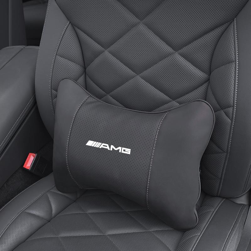 IXEA6 Car Seat Leather Headrest Lumbar Support Cushion Tire Valve Cap For Mercedes Benz AMG E S C A B Class GLE GLS CLA CLE GLC CLS
