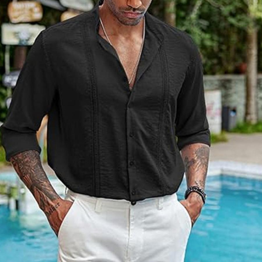 Cotton Linen Shirt Stand Up Collar Men's Shirt Casual Buttons Summer Beach Vacation Tops Grey Black White Khaki Shirts