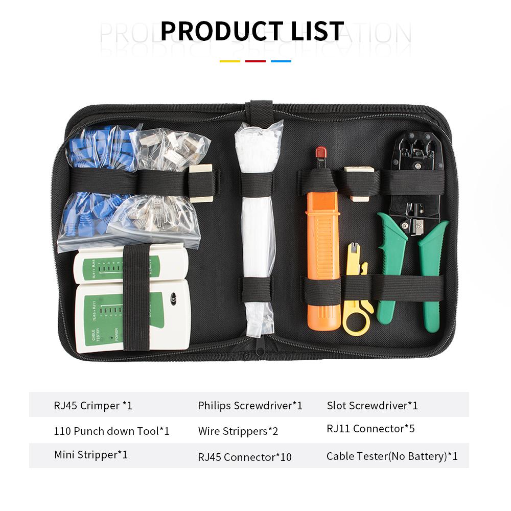 Handskit Network Repair Kit RJ45 RJ11 RJ12 Crimping Pliers Wire Stripper Connectors Cable Tester and Spring Clamp