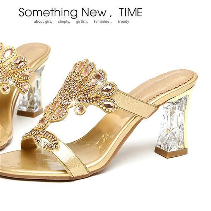 Summer New Fashion Women's High-heeled Slippers Open-toe Sandals Personalized Soft Sole Diamond Crystal Thick Heel Shoes