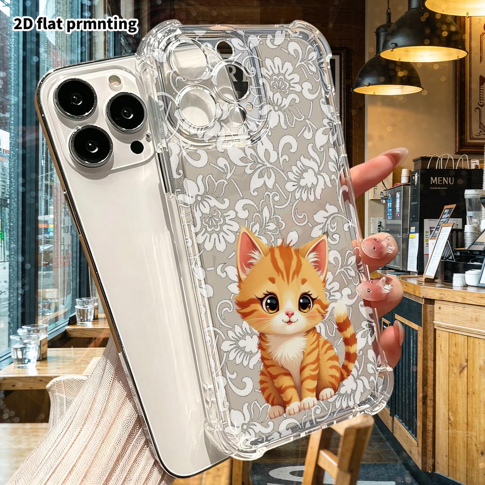 Phone Case: 2D flat suitable for iPhone 18 17 16 15 14 13 Pro, transparent corner protection case, orange kitten, Christmas and Halloween gift