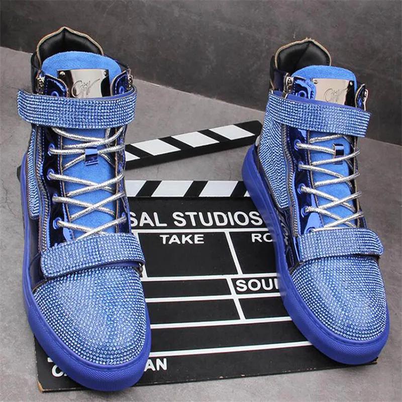 Модные новые дизайнерские мужские блестящие стразы высокие кроссовки повседневные туфли на плоской подошве скейтборд кроссовки на толстой подошве мужская обувь