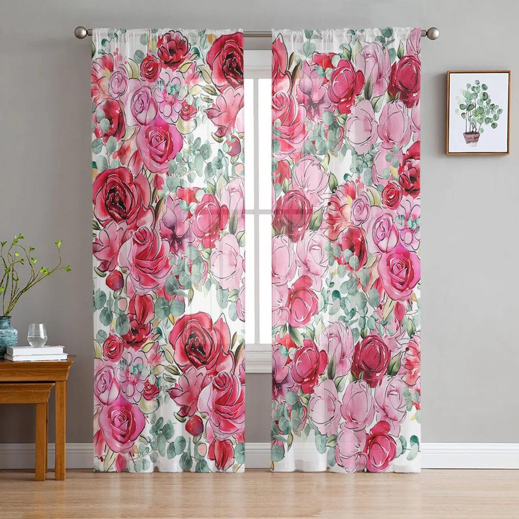 Pink Rose Romantic Luxury Tulle Curtains Modern Living Room Kitchen Chiffon Curtain Bedroom Sheer Valance Curtain