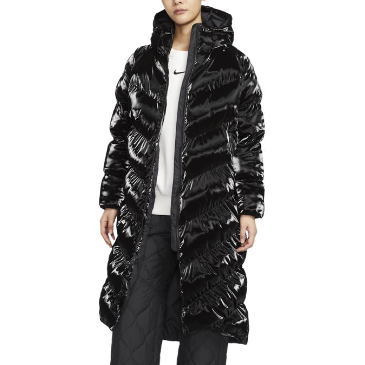 Nike Спортивная одежда Therma-FIT Свободная блестящая теплая хлопковая куртка на молнии с капюшоном Женские куртки черного цвета FV7828-010