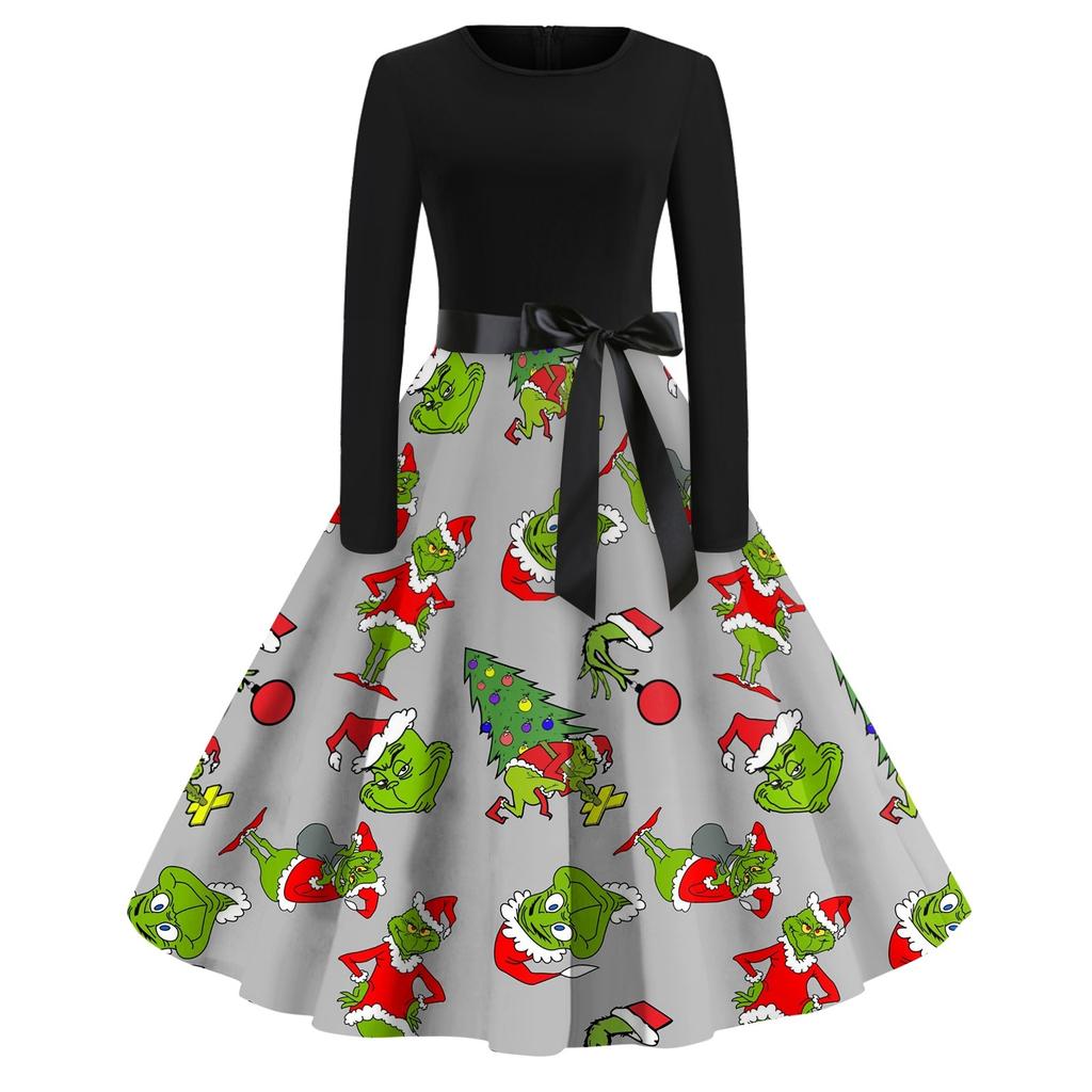 Женское повседневное рождественское платье с круглым вырезом и широкими рукавами, облегающее платье