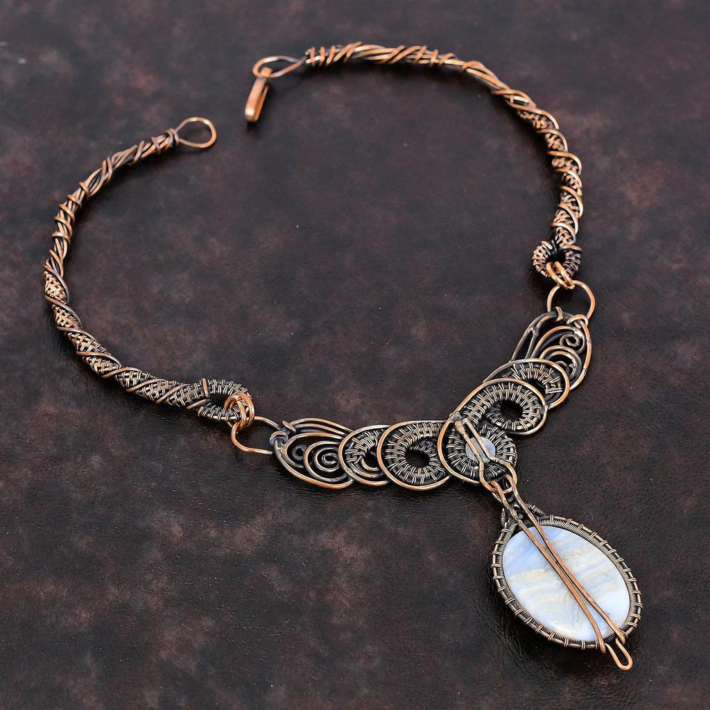 Blue Lace Agate Necklace Copper Wire Wrapped Necklace Rainbow Moonstone Gemstone Necklace Amazing Copper Jewelry For Gift Handmade Necklace