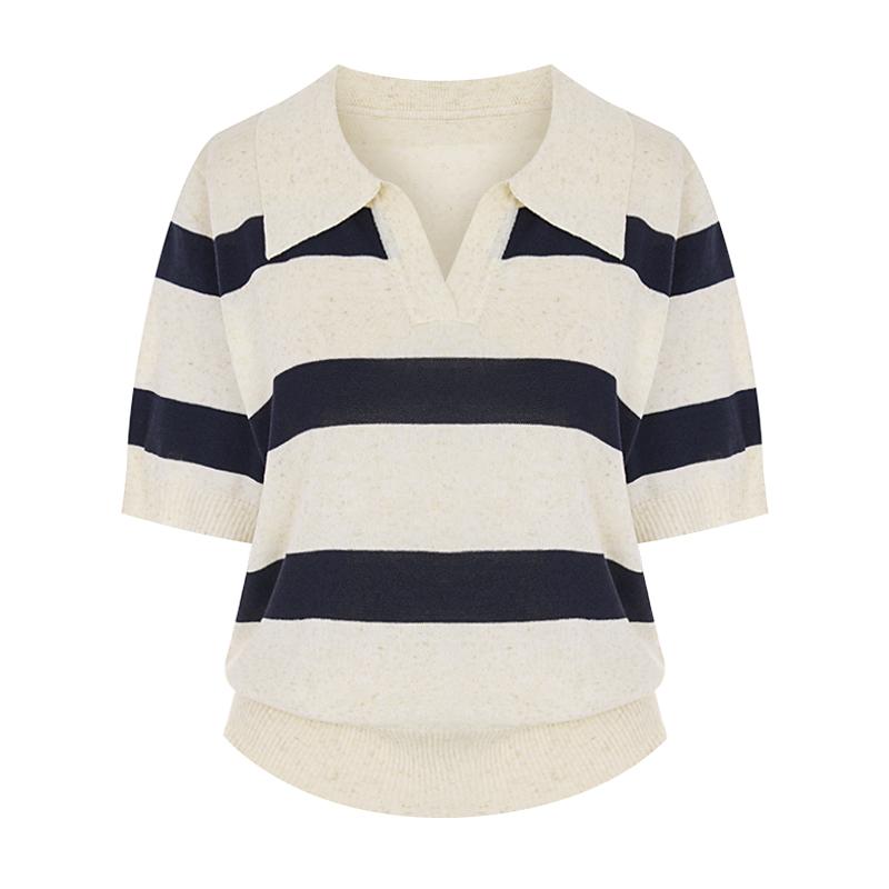 SELLY'S Collar Slit Striped Linen Knit_I6B-Ckn010
