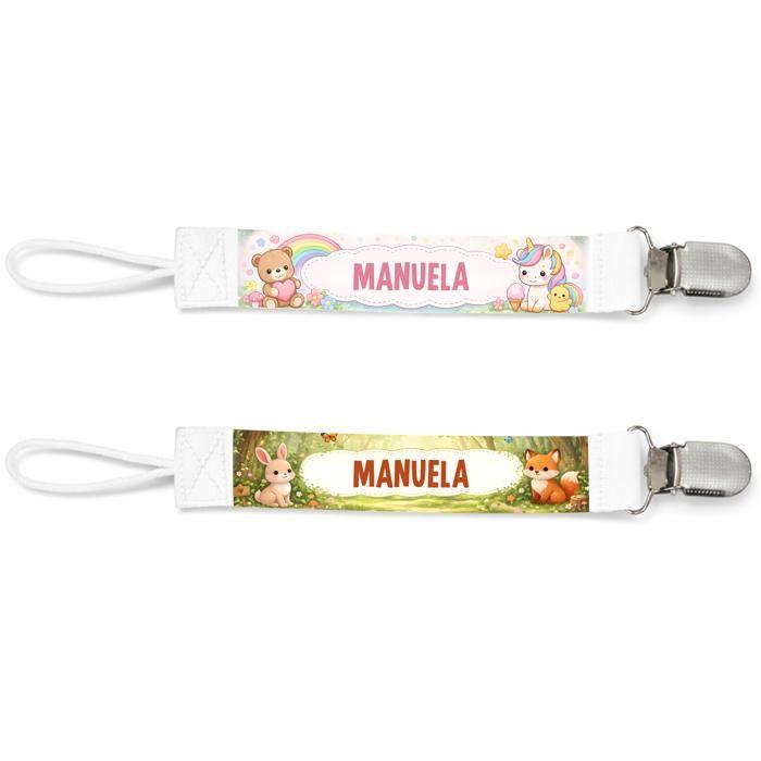 Planetee Lot de 2 Attaches Tétine pour Manuela Animaux Mignons - Attache Sucette Personnalisée Bébé Fille Cadeau Naissance