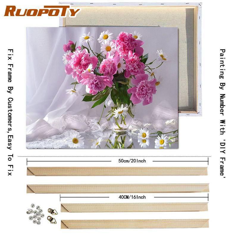 RUOPOTY Краска по номерам, цветок пиона, настенное искусство, уникальный подарок, ручная роспись на холсте, картина по номерам, уличный декор для детской комнаты