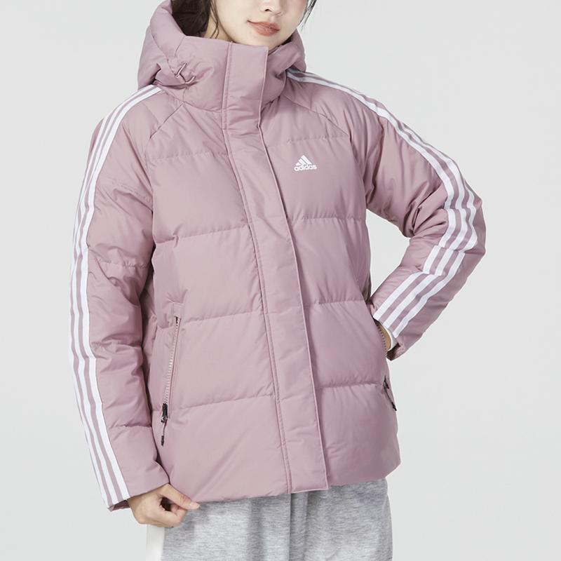 Adidas W 3St Puff Jacket Logo Striped Printed Hoodie Zip Long Sleeve Down Coat Women Jackets Pink HR8446