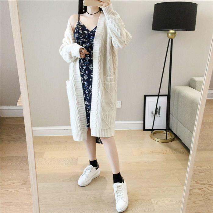 Свободный кардиган средней длины с V-образным вырезом для женщин, вязаное пальто-свитер с ромбовидным узором и косами, однотонный повседневный кардиган с длинными рукавами