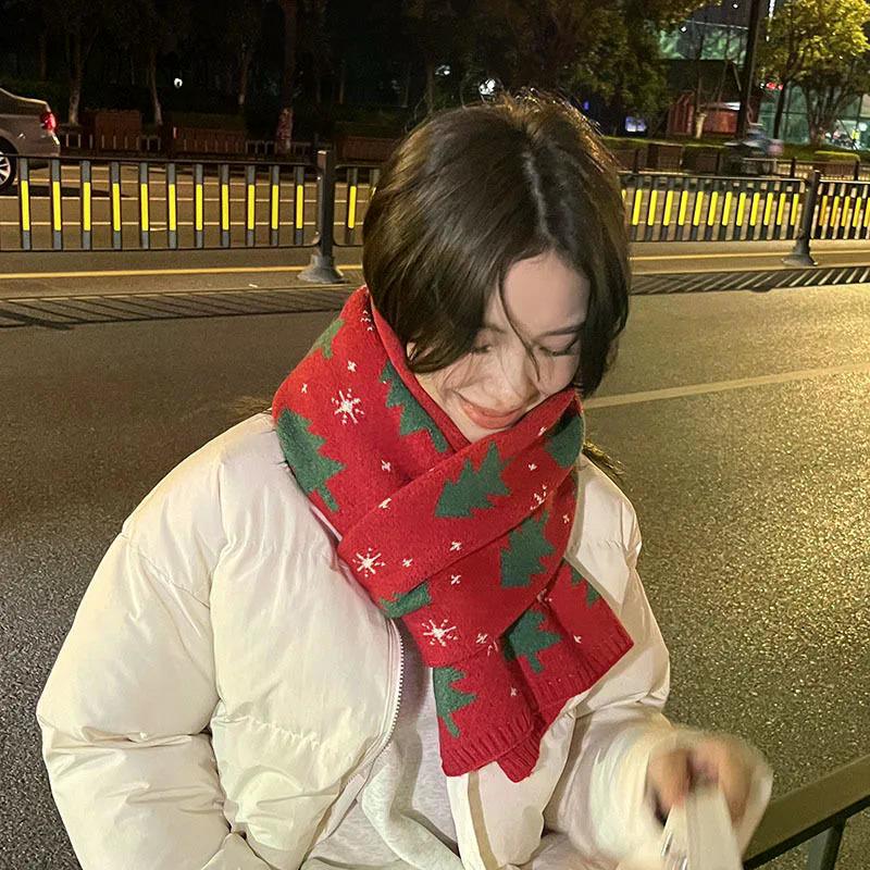 Рождественская елка Красный вязаный шарф Универсальный женский аксессуар Рождественские подарки Осень Зима Теплая защита шеи Шарф Зеленый шарф