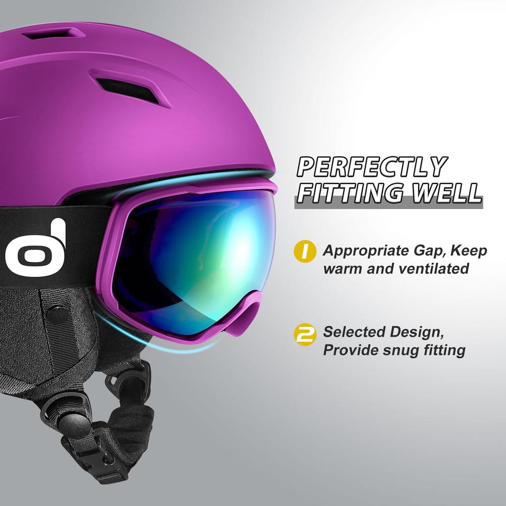 Odoland Ski Helmet Set with Snowboard Dial Size Glasses Double Spherical Impact UV and Small Goggles, Helmet, Adjustment, Compatible, Lens, Windproof,